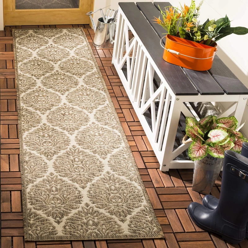 Safavieh Damask Indoor/Outdoor Woven Runner Area Rug, Beachhouse Collection, BHS135, in Cream / Beige, 61 X 244 cm for Garden, Patio or Any Outdoor Space