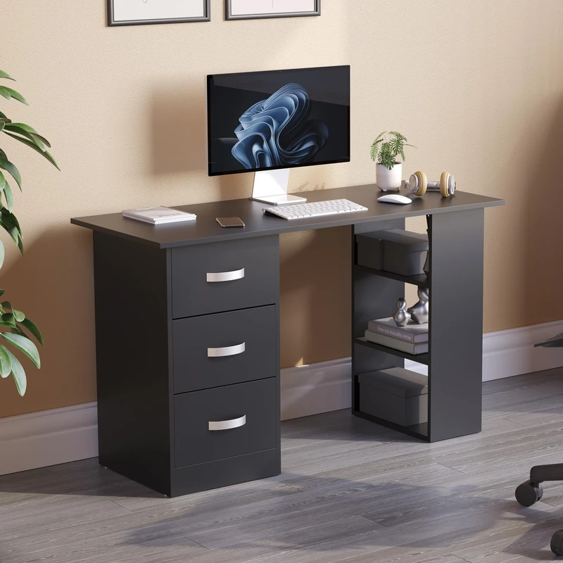 Vida Designs Mason Computer Desk with Shelves and 3 Drawers, Home Office PC/Laptop Gaming Table, Study Workstation, Furniture Black