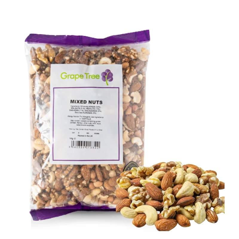 Grape Tree Mixed Nuts 1kg Raw & Unsalted Almonds, Walnuts, Cashews, Peanuts. Nutritious Vegan, Keto Friendly Snack Mix. Selection of Raw Mixed Nuts For Snacking