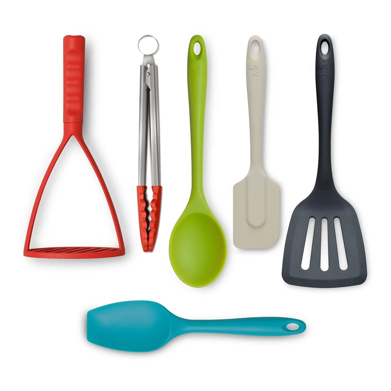 Zeal JSET47QB Non-Stick Silicone Tongs, Turner, Cooks Spoon, Spatula & Masher 6-Piece Set-Bright Mix