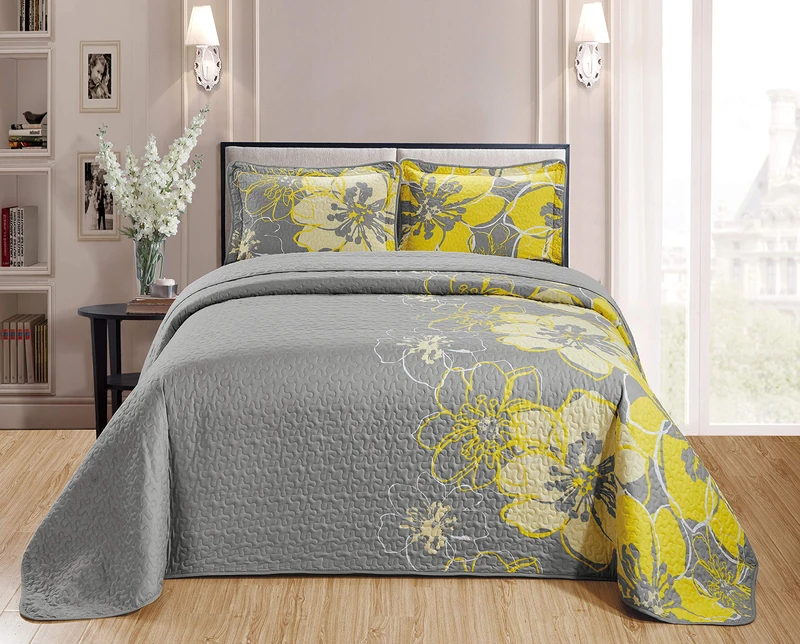 Home Collection Quilt Bedspread Set Over Size Flowers Printed Grey Yellow King/California King New