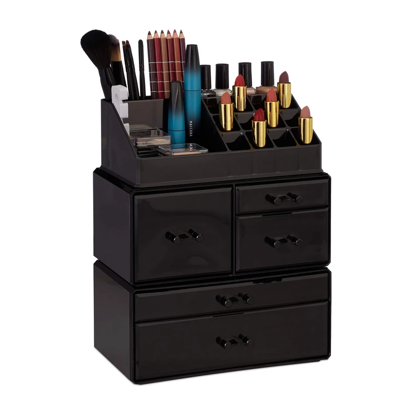 Relaxdays Makeup Organizer wit 21 Compartments, Cosmetic Tower for Lipstick, Nail Polish, Makeup Tray, Black