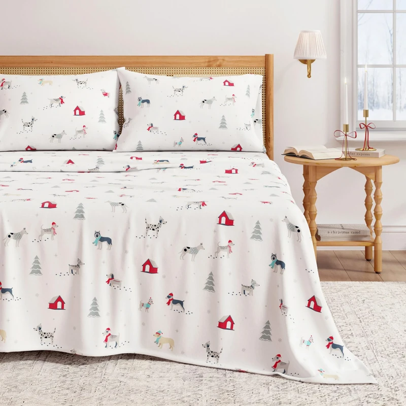 Great Bay Home 100% Turkish Cotton Flannel Sheet Set, Deep Pockets, Soft Christmas Sheets, Warm Anti Pilling Flannel Sheets (Queen, Puppies in the Snow)