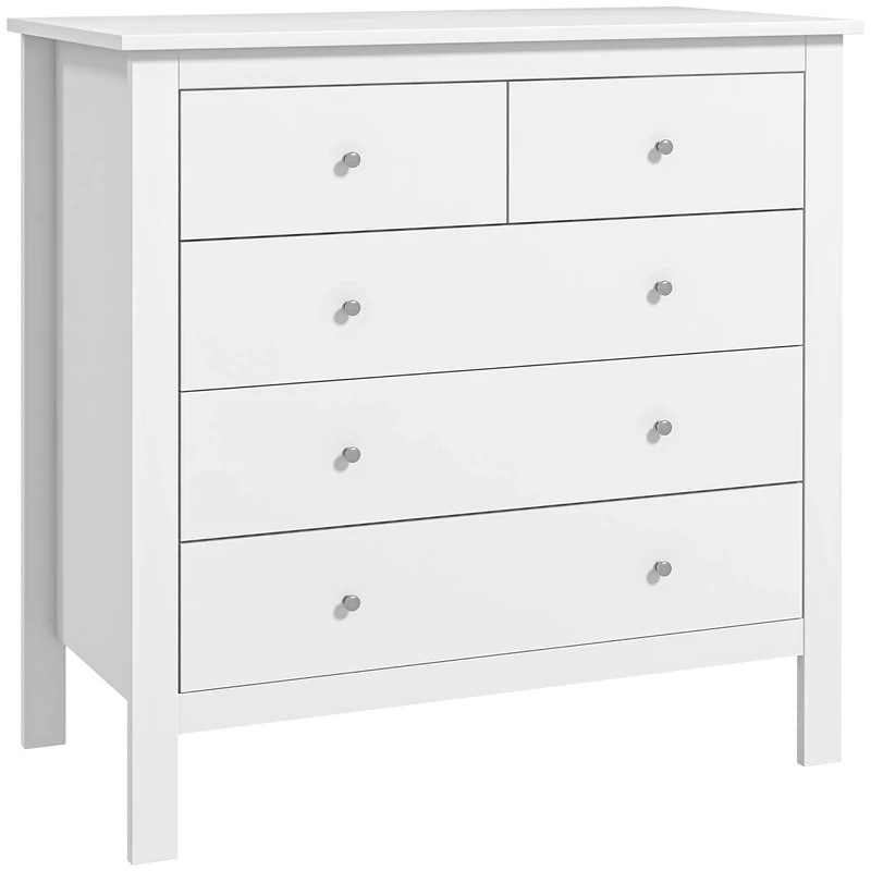 HOMCOM 5 Drawer Dresser for Bedroom, Modern Chest of Drawers, Wide Storage Unit for Living Room, Hallway, Closet, White