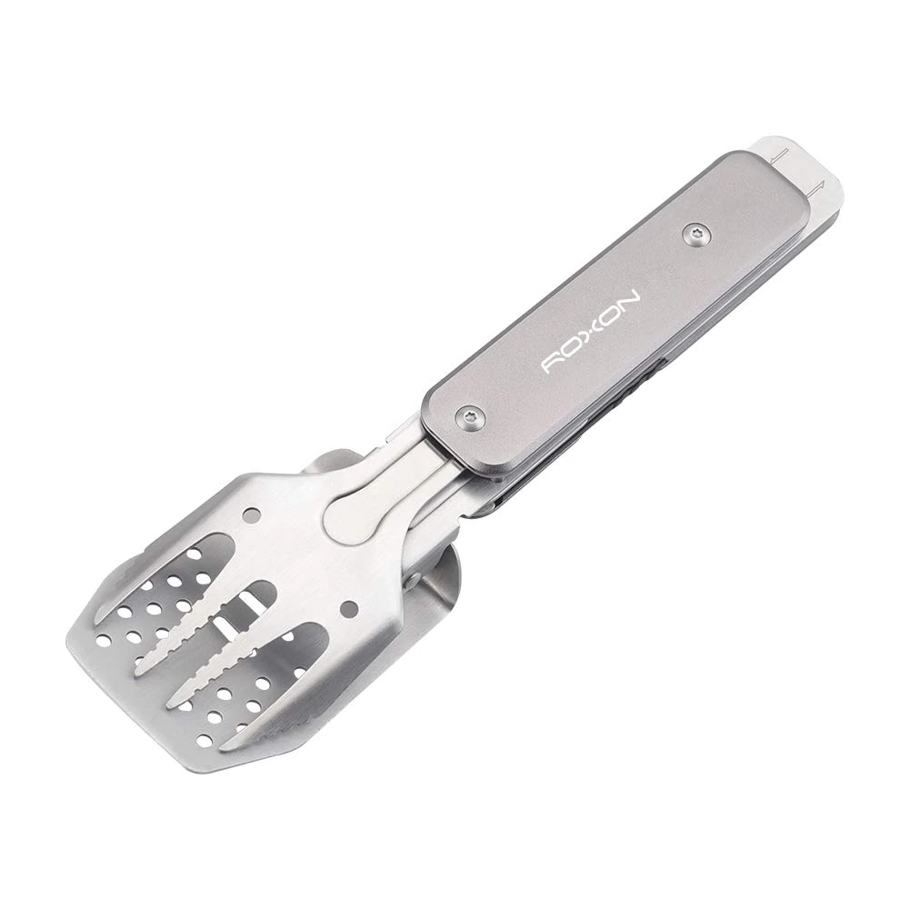 ROXON 4 in 1 Compact Mini BBQ Barbecue Combo Tool Set with Spatula, Fork, Tongs and Bottle Opener for Hiking Camping (Grey)