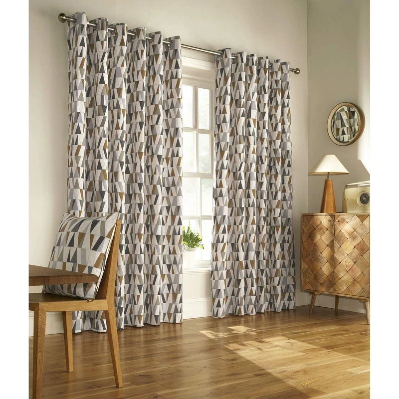 Furn. Reno Ringtop Eyelet Curtains (Pair) - Ready Made - Polycotton - Charcoal/Gold - 168cm x 183cm (66" x 72" inches) - Image 1