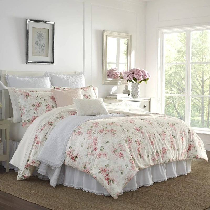 Laura Ashley Wisteria Bedding Set, Cotton, Pink/Green/Off White, Twin