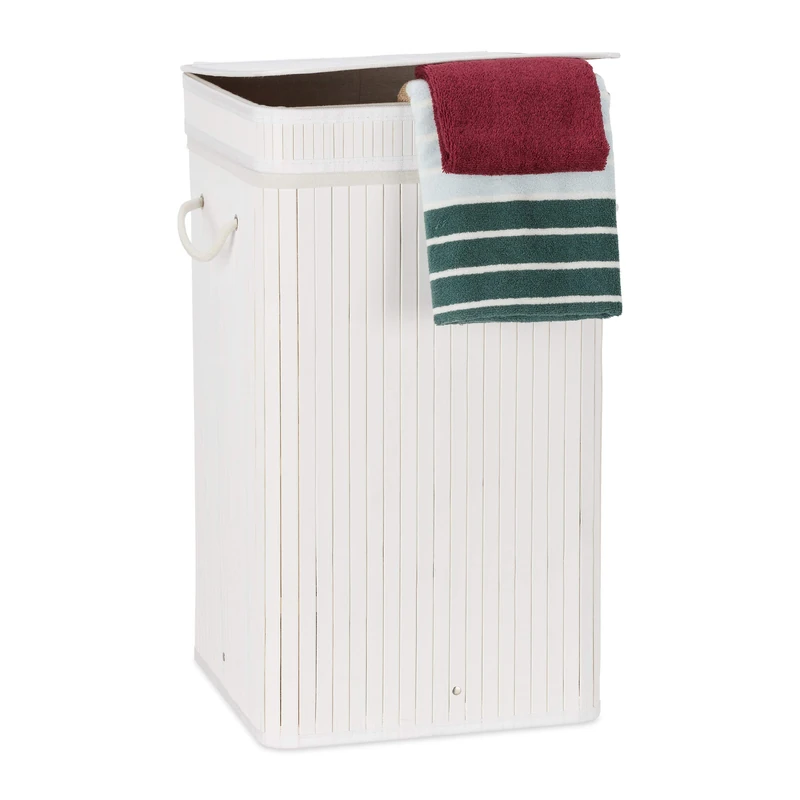 Relaxdays White Bamboo Pop Hamper, Handle, Portable, 70 L Load, Square Laundry Bag, HxØ: 63 x 36 cm