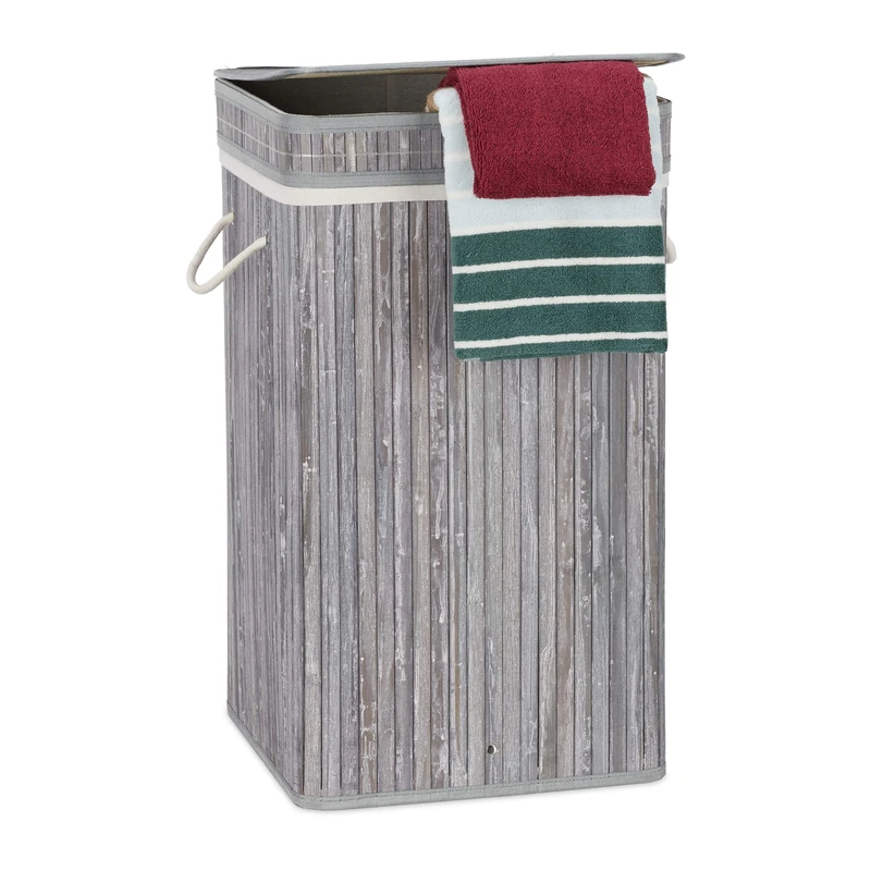 Relaxdays Grey Bamboo Pop-Up Laundry Hamper, Handle, Portable, 70 L Load, Square Laundry Bag, HxØ: 63 x 36 cm