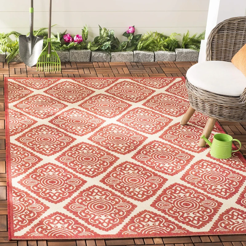 SAFAVIEH Medallion Rug for Indoor & Outdoor - Beachhouse Collection, Short Pile, in Red and Creme color, 155 X 229 cm