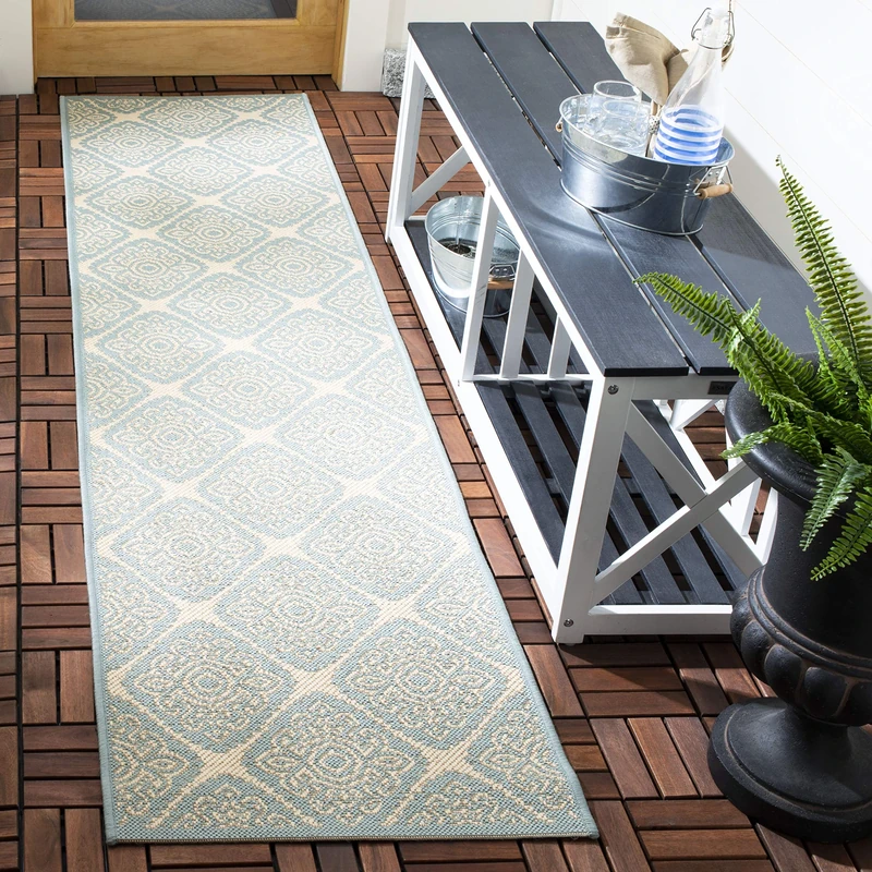 SAFAVIEH Medallion Rug for Indoor & Outdoor - Beachhouse Collection, Short Pile, in Cream and Aqua color, 61 X 244 cm