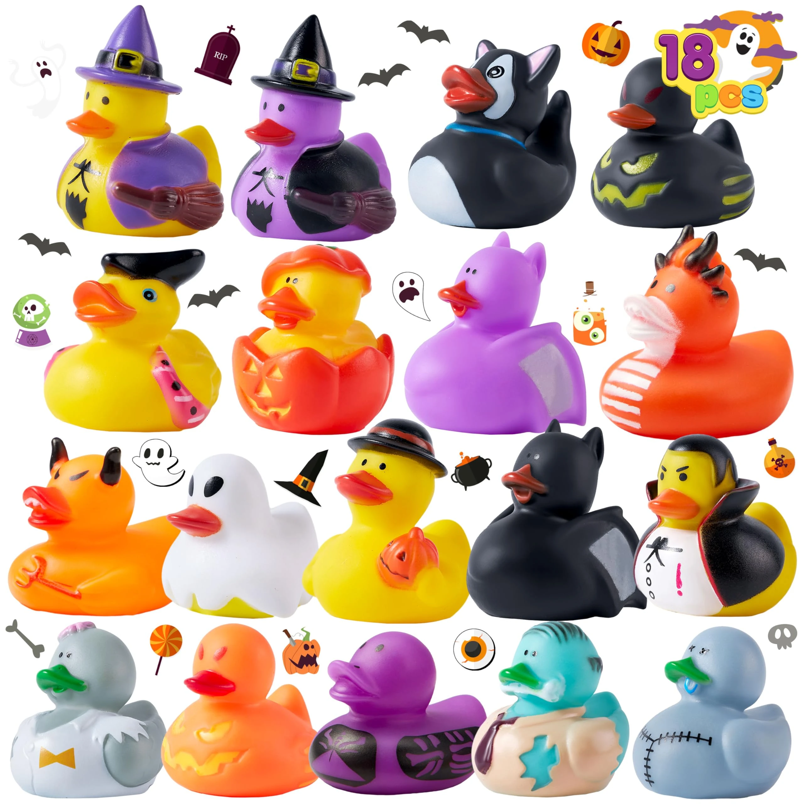 JOYIN 18 Pieces Halloween Fancy Novelty Assorted Rubber Ducks Variety for Fun Bath Squirt Squeaker Duckies , Toy, School Classroom Prizes Ducky, Trick or Treat Fillers and Party Favors.
