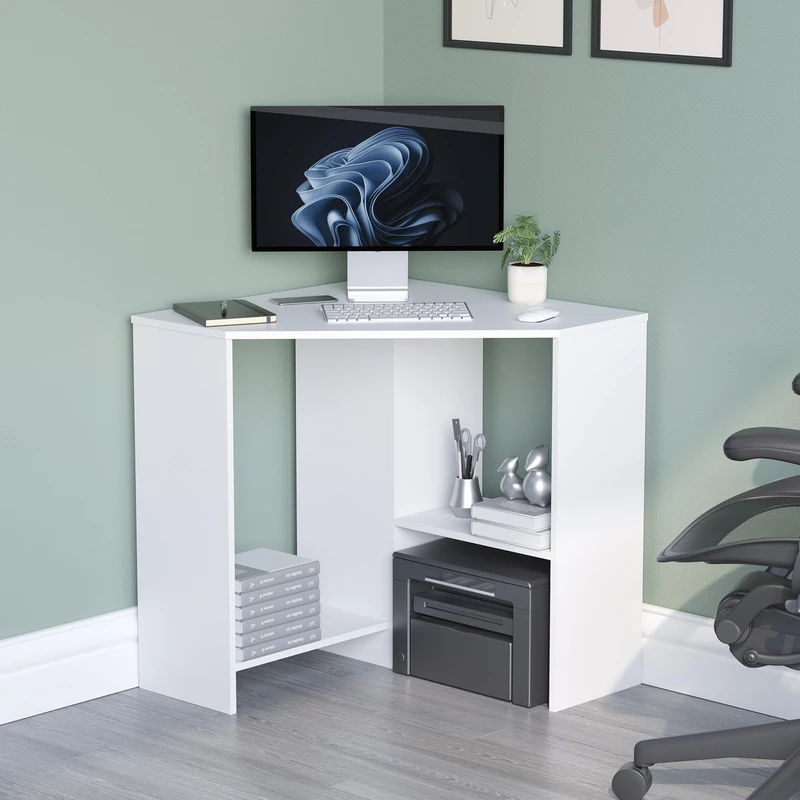 Vida Designs Hetton Corner Computer Desk with Shelves, Home Office PC/Laptop Table, Gaming Study Workstation, Furniture, White
