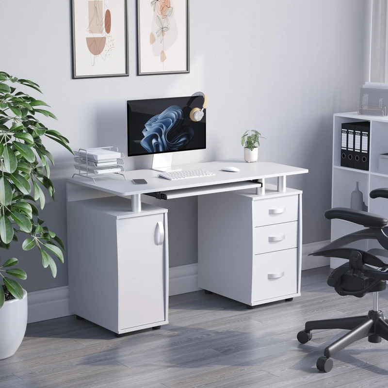 Vida Designs Otley Computer Desk with Shelves and 3 Drawers, Home Office PC/Laptop Gaming Table, Study Workstation with Keyboard Tray, Furniture, White