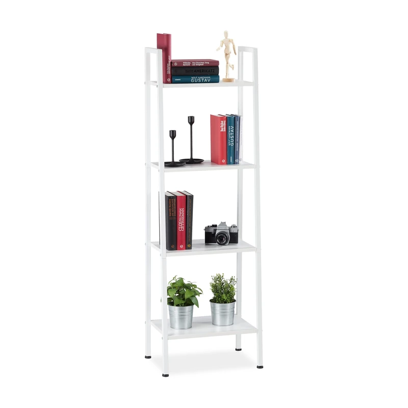 Relaxdays Standing Bookcase, Modern Ladder Rack with 4 Shelves, Plants, Books etc., HWD: 136 x 44 x 31.5 cm, White