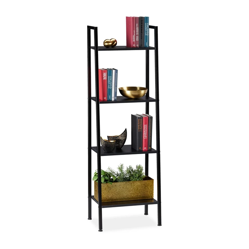 Relaxdays Standing Bookcase, Modern Ladder Rack with 4 Shelves, Plants, Books etc., HWD: 136 x 44 x 31.5 cm, Black