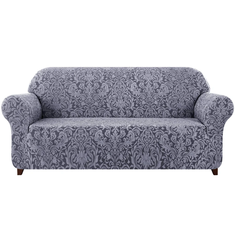 subrtex 1 Piece Sofa Cover with Arms Jacquard Damask Stretch Flower Pattern Sofa Protector Decorative (2 Seater, Grey Blue)