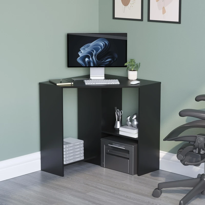 Vida Designs Hetton Corner Computer Desk with Shelves, Home Office PC/Laptop Table, Gaming Study Workstation, Furniture, Black