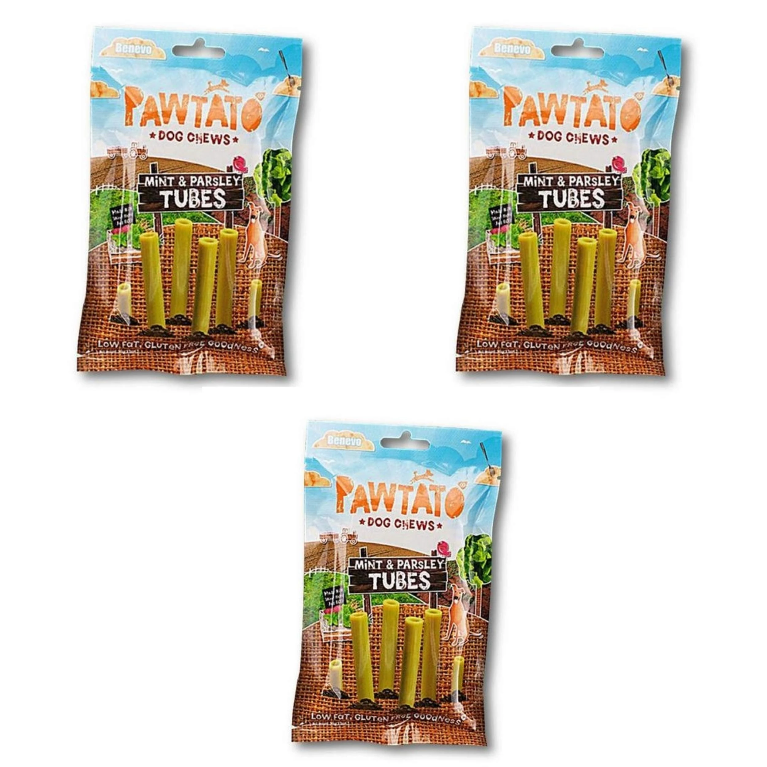 Benevo Pawtato Mint & Parsley Tubes Sweet Potato & Rice Dog Chews, 90g - 3 Pack