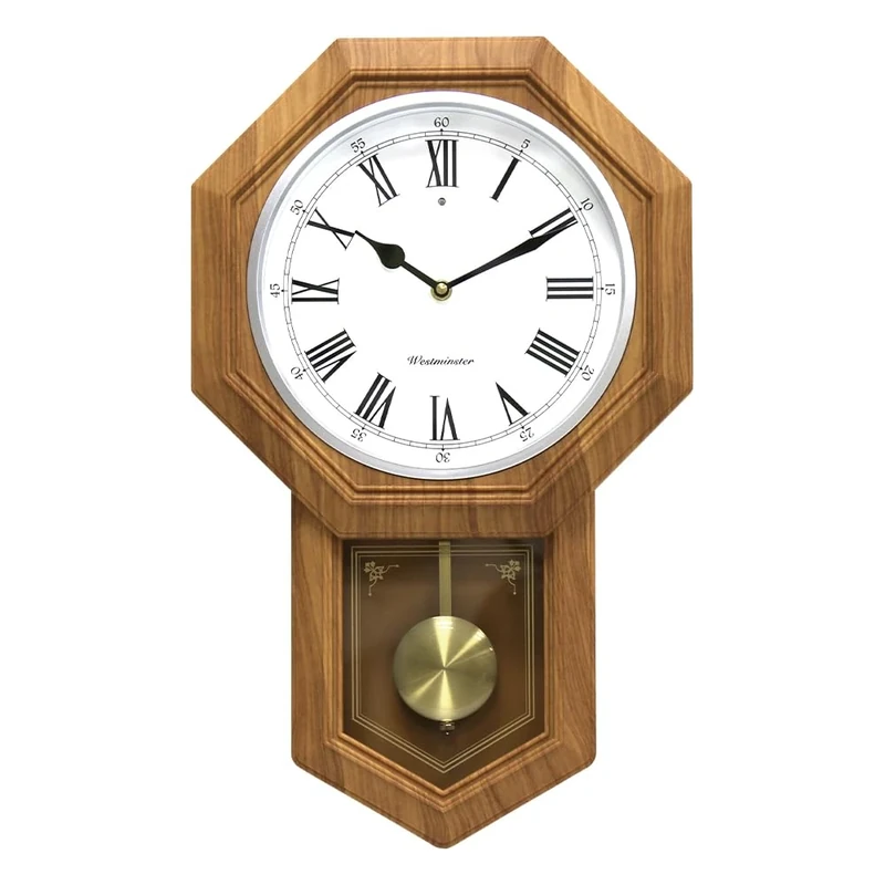 Bestime 66236A Plastic Pendulum Clock Wood Grain Color.Sturdy Frame.Westminster Chime Every Hour,Elegant,Traditional Schoolhouse,Home,Office,Living Room,Bedroom.