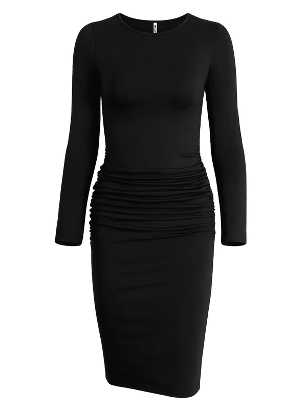 Missufe Women's Long Sleeve Ruched Casual Sundress Bodycon Sheath Knee Length Dress, Black, XL - Image 1