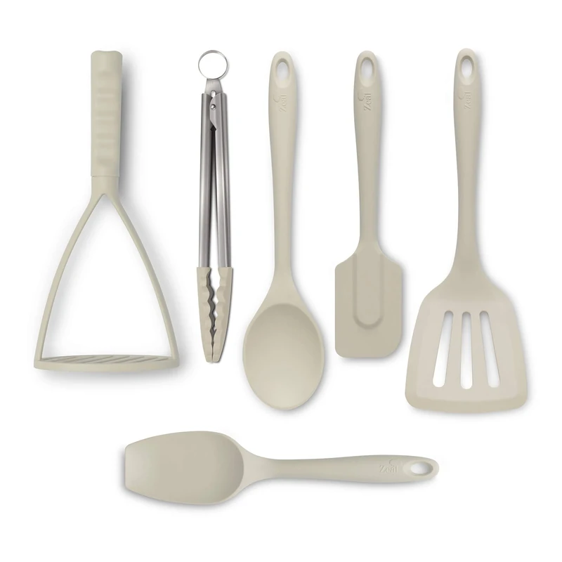 Zeal JSET47C Non-Stick Silicone Tongs, Turner, Spatula, Cooks Spoon, Spatula & Masher 6-Piece Set-Cream, Large