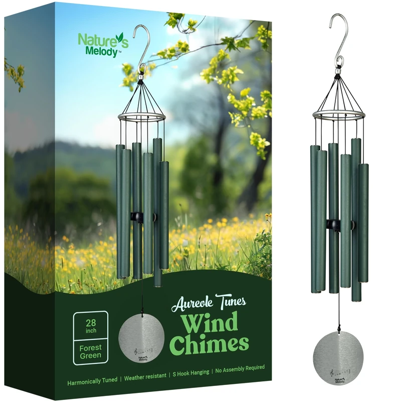 Nature's Melody Aureole Tunes Wind Chime - Outdoor Wind Chime with 6 Tubes, Tuned in B Pentatonic, 100% Rustproof Aluminum, Powder Finish and S-Hook Hanger for Grief, Keepsake or Zen Garden