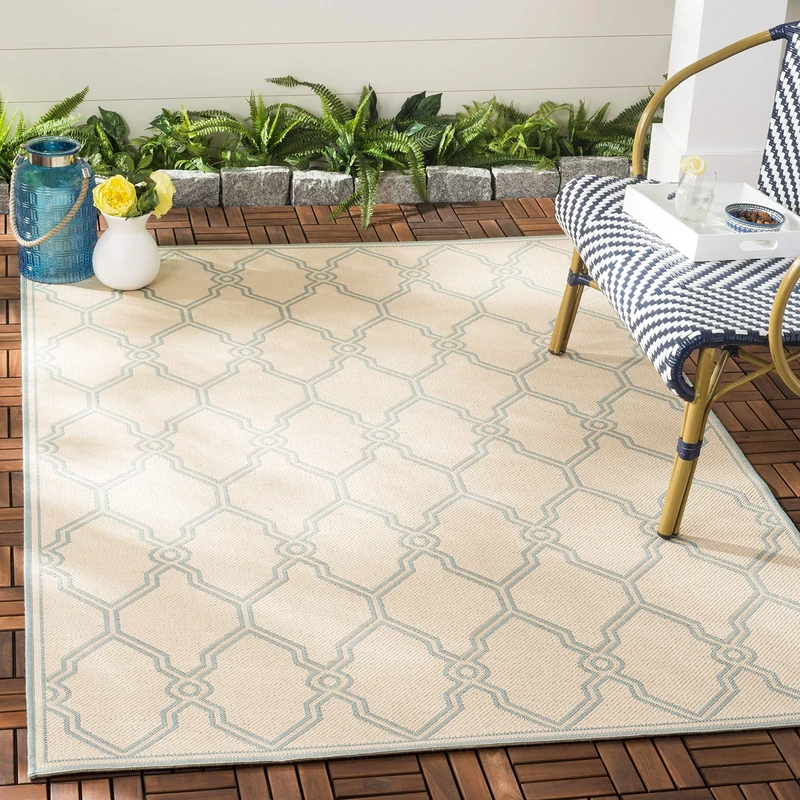 SAFAVIEH Trellis Rug for Indoor & Outdoor - Beachhouse Collection, Short Pile, in Cream and Aqua color, 155 X 229 cm