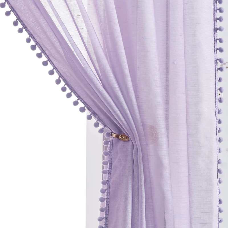 Treatmentex Pom-Pom Sheer Curtains for Girl's Bedroom 84 inches Long Voile Curtain Panels Rod Pocket Lilac 52" w x 2pc