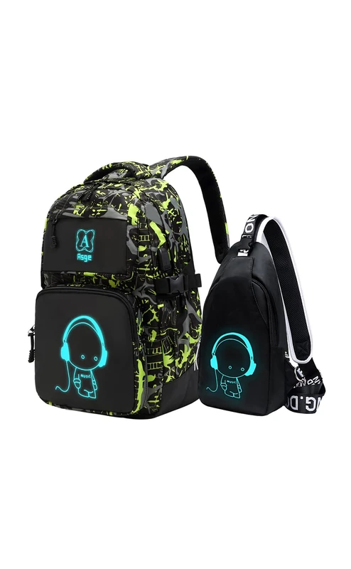 Asge School Bags for Teenage Boys Camo Casual Backpacks Luminous Unisex Kids Rucksack Travel Canvas Daypack College Bookbag Waterproof Lightweight Student Back Pack Sling Shoulder Backpacks Set