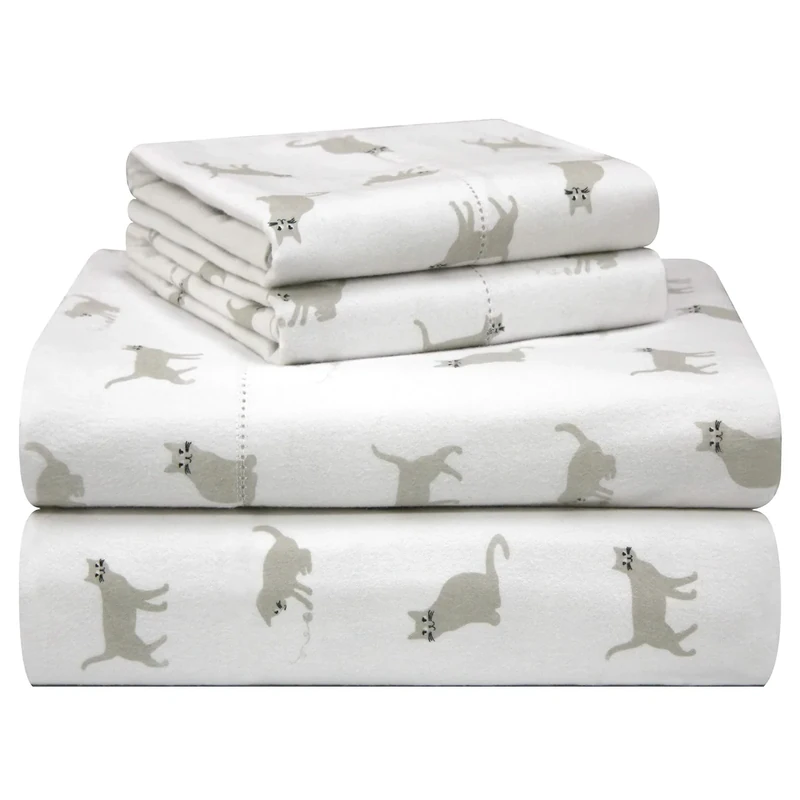 pointehaven 180 GSM Velvet Feel Luxury 100% Cotton Printed Flannel Sheet Set,4PCS, Queen, Cats - Warm & Cozy - Pre-Shrunk -Deep Pockets - Elastic All Around-Comfy Double Brushed -