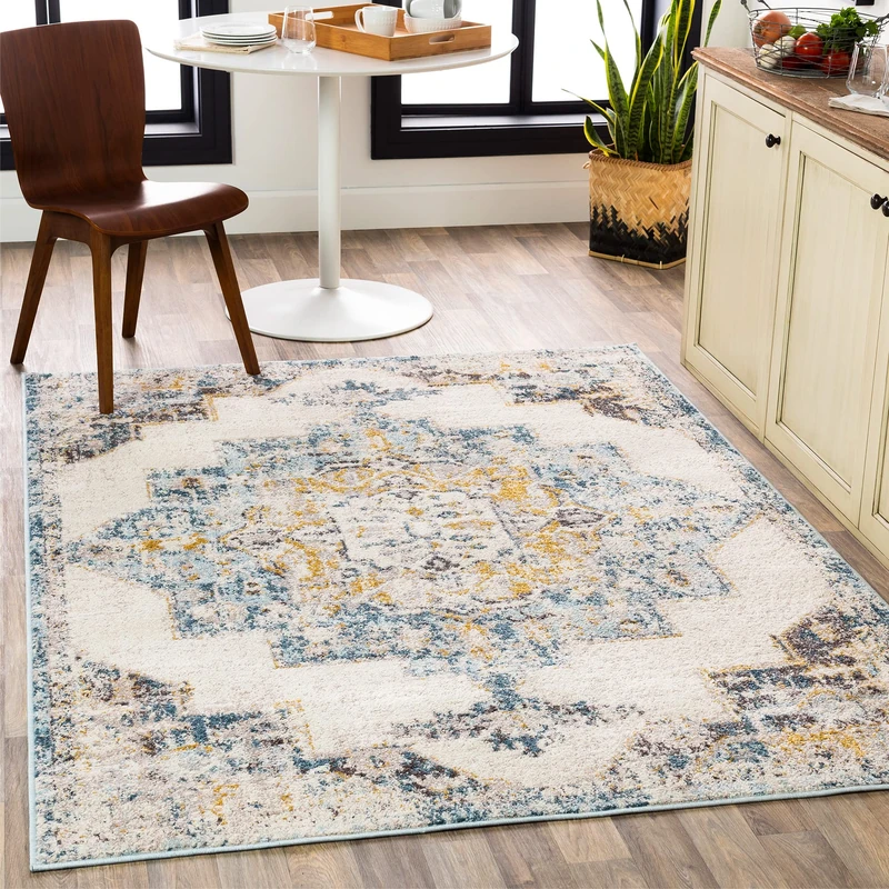 Livabliss Orlando Vintage Rug - Area Rugs Living Room 160x213 cm, Dining Floor, Kitchen, Traditional Multicoloured Boho Style, Easy Care Pile, Bohemian Large Rug, Blue, Mustard and Beige