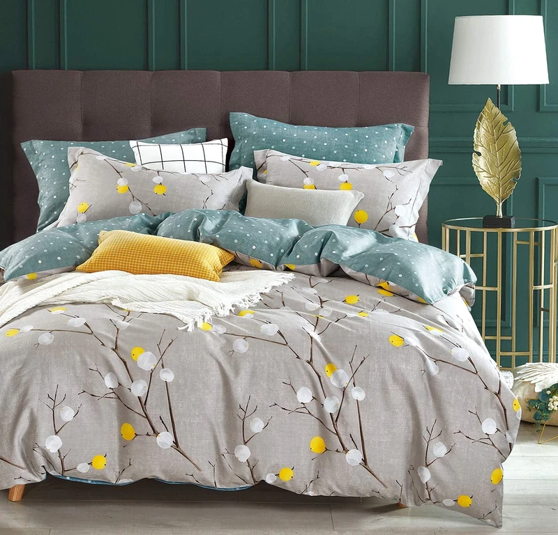 SLEEPBELLA Duvet Cover King, 600 Thread Count Cotton Grey Branch with Yellow Turquoise Polka Dot Pattern Green Reversible Comforter Cover(King, Grey Branches)