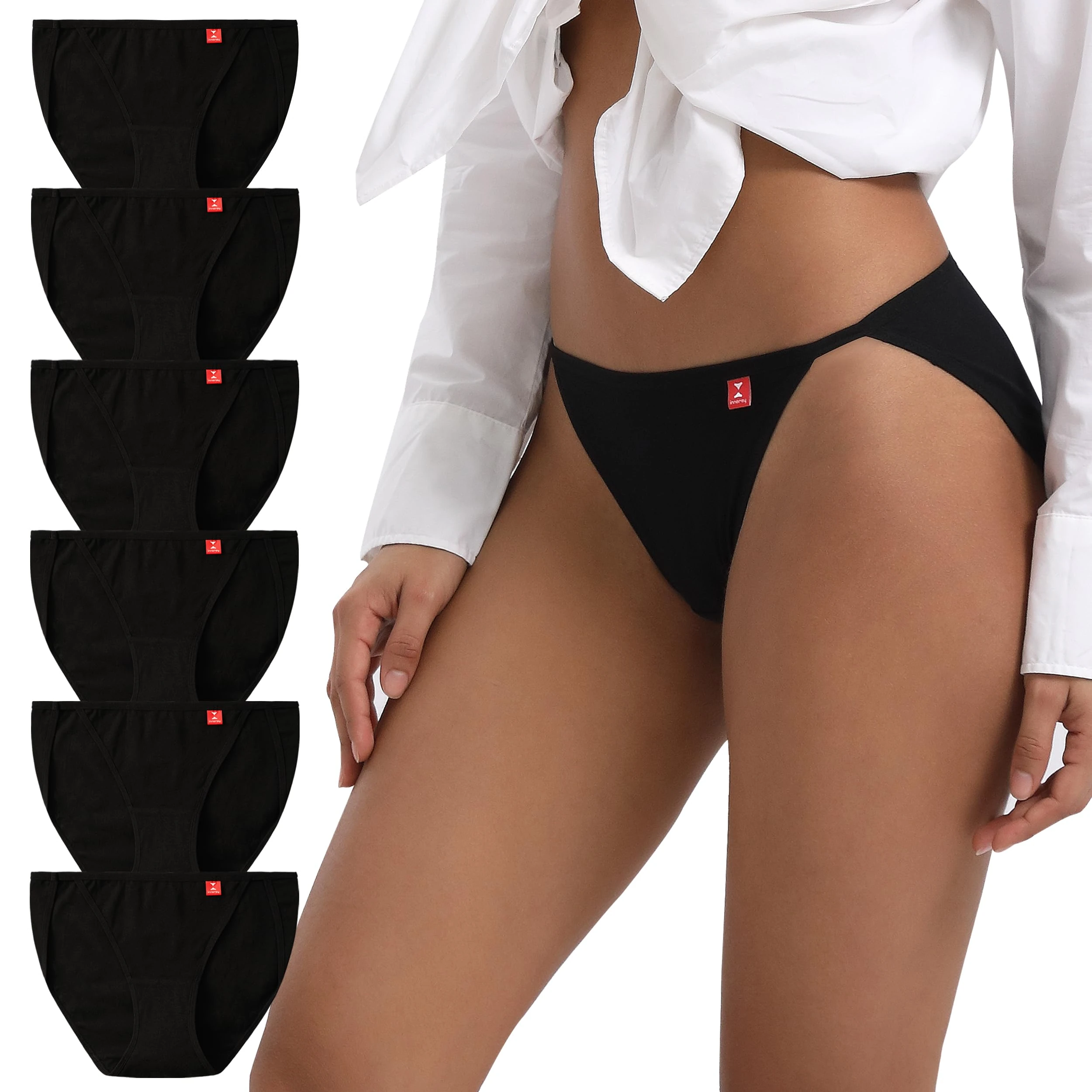 INNERSY High Leg Briefs for Women Stretch Cotton Underwear Female Midi Black Knickers Pack of 6 (12, 6 Black)