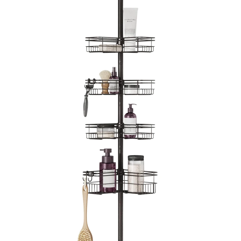 Zenna Home Rust-Resistant Corner Shower Caddy for Bathroom, 4 Adjustable Corner Hugging L-shaped Shelves, with Tension Pole, for Bath and Shower Storage, 60-97 Inch, Bronze