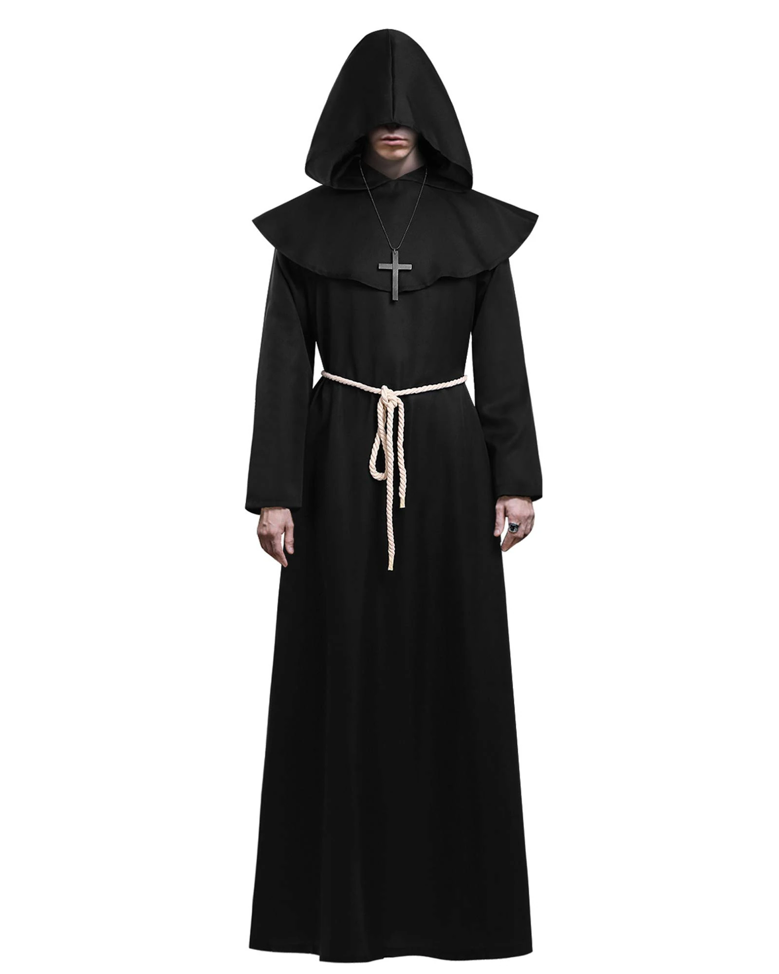 KONVINIT Halloween Monk Costume for Adult Medieval Friar Hooded Monk Black Cape Renaissance Priest Robe Mens Halloween Costumes,black XL