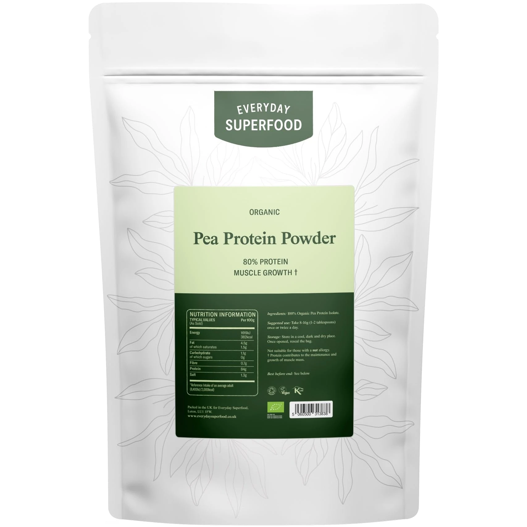 Everyday Superfood Organic Pea Protein Powder 1.8kg | 84% Pea Protein | Lab-Tested for Heavy Metals | Unflavoured | Pre-Workout & Post-Workout | Vegan & Kosher