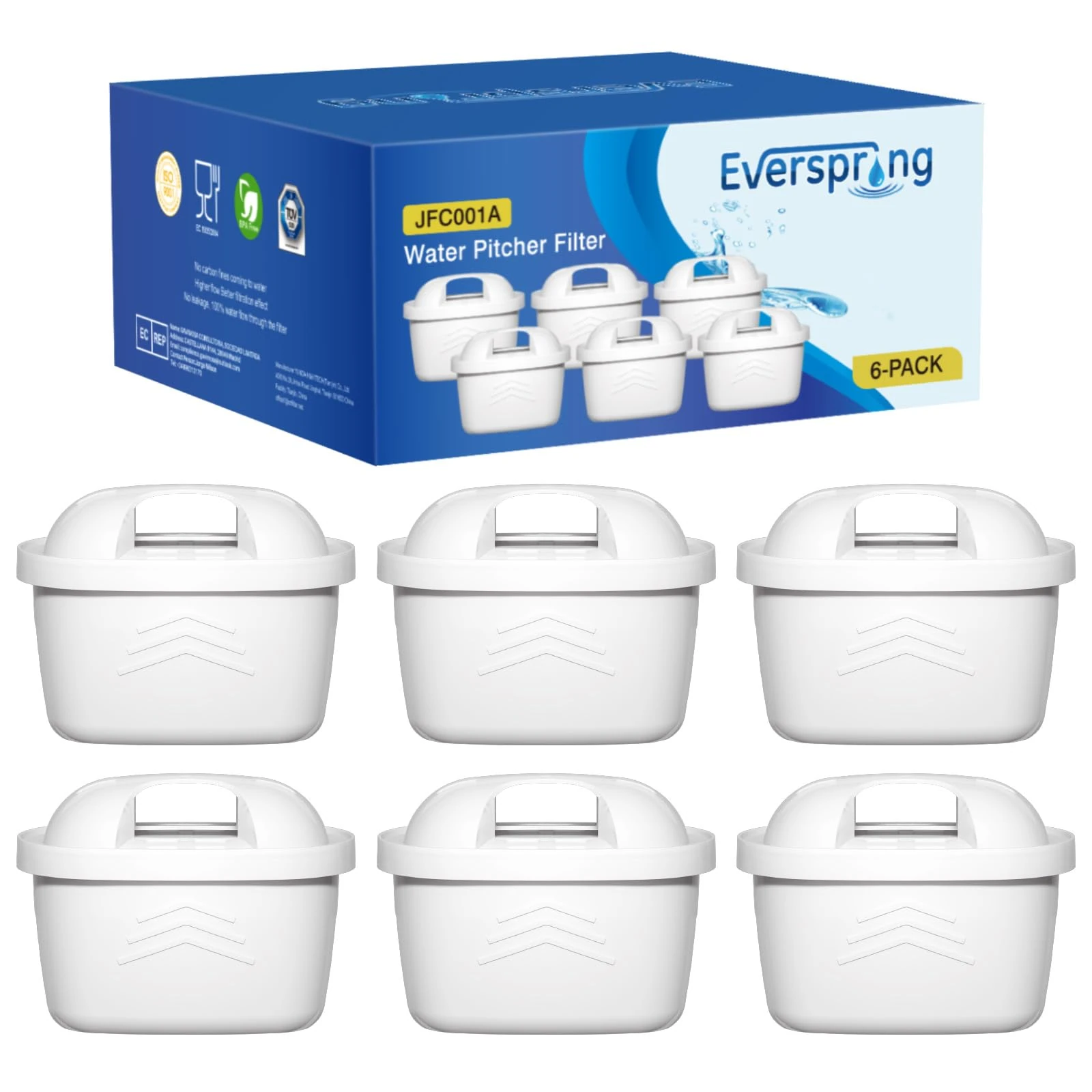 EVERSPRING Water Filter Cartridges,Compatible with Brita Maxtra+,Maxtra Plus,Maxtra Pro All-in-1,Brita Marella Jug,Kettle,Mavea, Anna Duomax,Reduce PFAS, PFOA/PFOS, TÜV SÜD, NSF Certified,6 Pieces