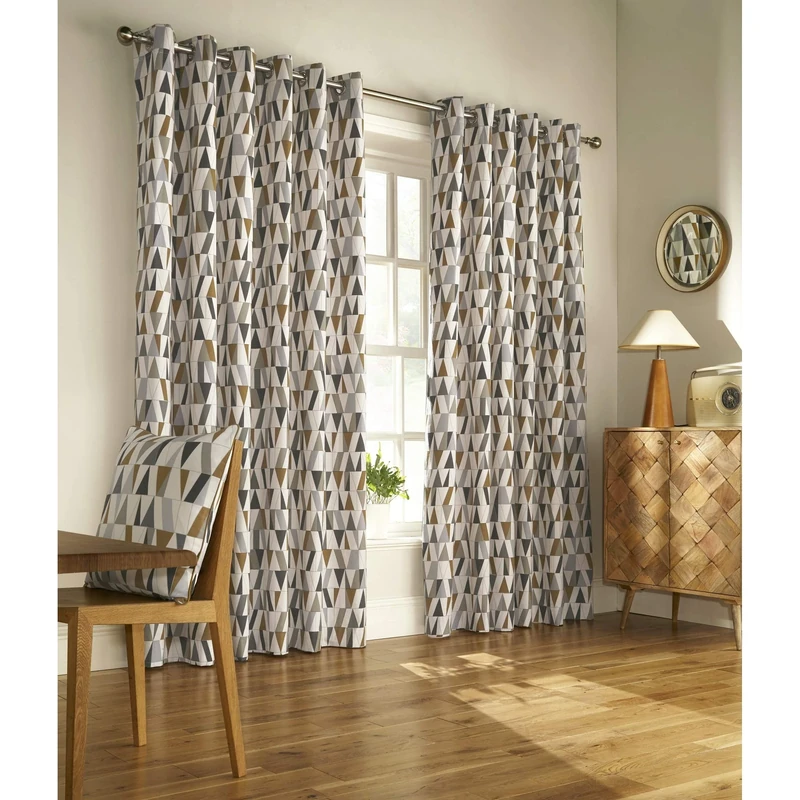 Furn Reno Ringtop Eyelet Curtains (Pair) -Ready Made-Polycotton-Charcoal/Gold-229cm x 229cm, Cotton, Charcoal/Gold, 229 x 229cm (90" x 90" inches)