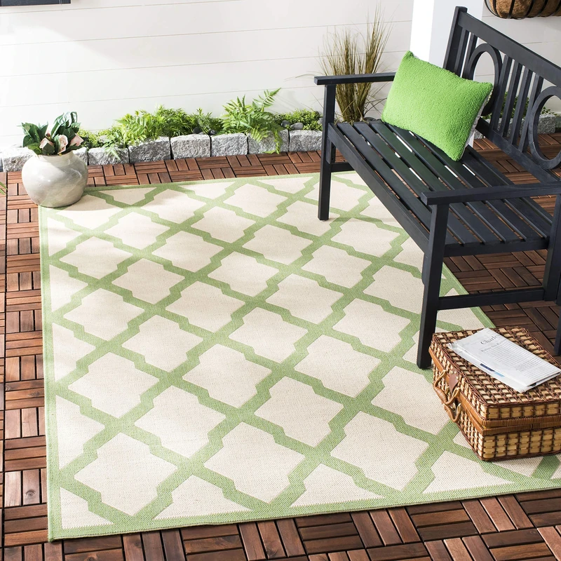 SAFAVIEH Trellis Rug for Indoor & Outdoor - Beachhouse Collection, Short Pile, in Cream and Olive color, 79 X 152 cm