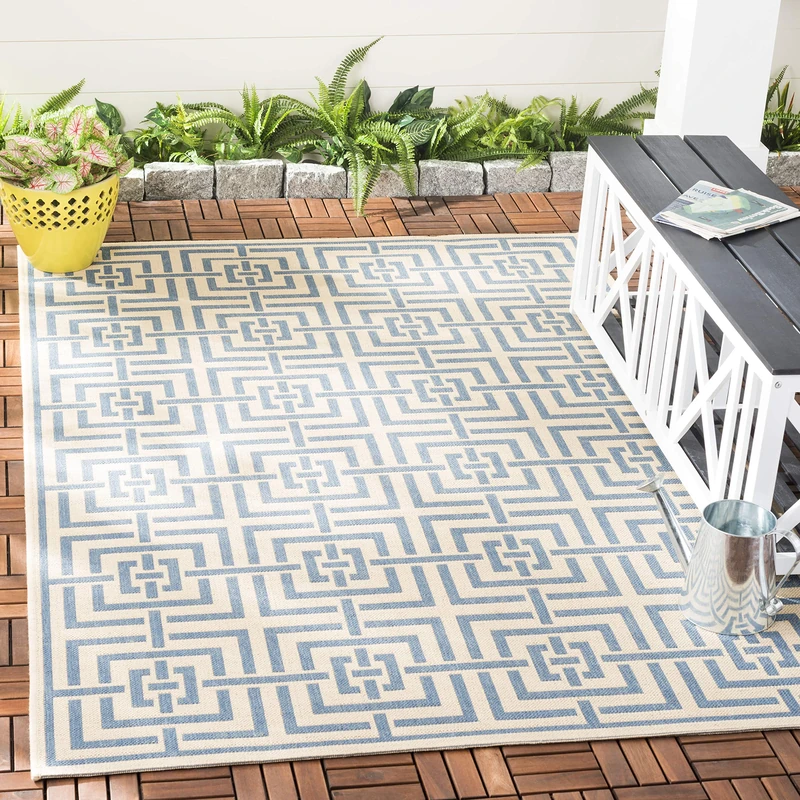 Safavieh Geometric Indoor/Outdoor Woven Rectangle Area Rug, Beachhouse Collection, BHS128, in Cream / Blue, 79 X 152 cm for Garden, Patio or Any Outdoor Space