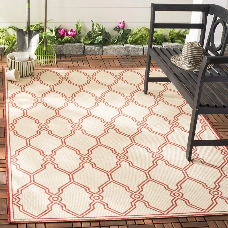 SAFAVIEH Trellis Rug for Indoor & Outdoor - Beachhouse Collection, Short Pile, in Red and Creme color, 155 X 229 cm