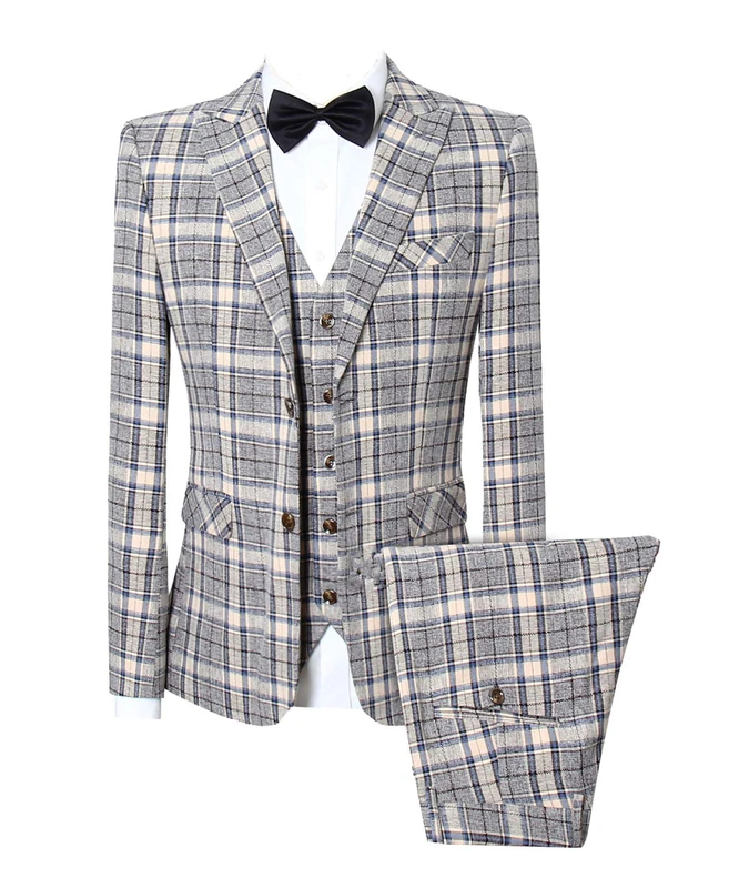 MOGU Mens Three Piece Slim Fit Plaid Suit - Ivory, 42