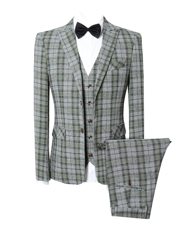MOGU Mens Three Piece Slim Fit Plaid Suit Blazer Jacket+Vest+Pants, Green, 40