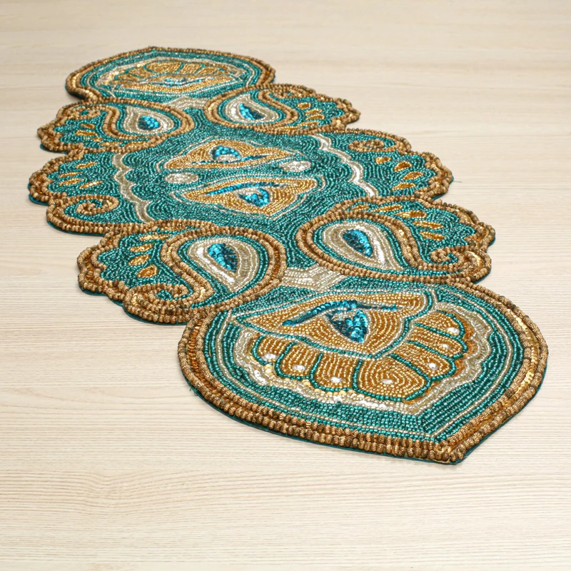 Light & Pro Teal Gold Paisley Beaded Table Runner - 13x36 Inch (31x91 Cms) - Country Rustic Style - Hand Made by Skilled Artisans - Image 1