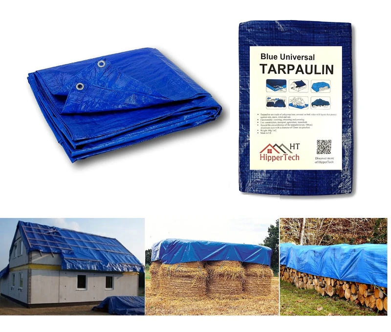 HipperTech® Blue Waterproof Tarpaulin - Tarp Sheet Cover -Woven Polyethylene and Laminated 4m x 6m = 24m² (13ft x 19.5ft = 252sq ft) - 60 GSM - Weight