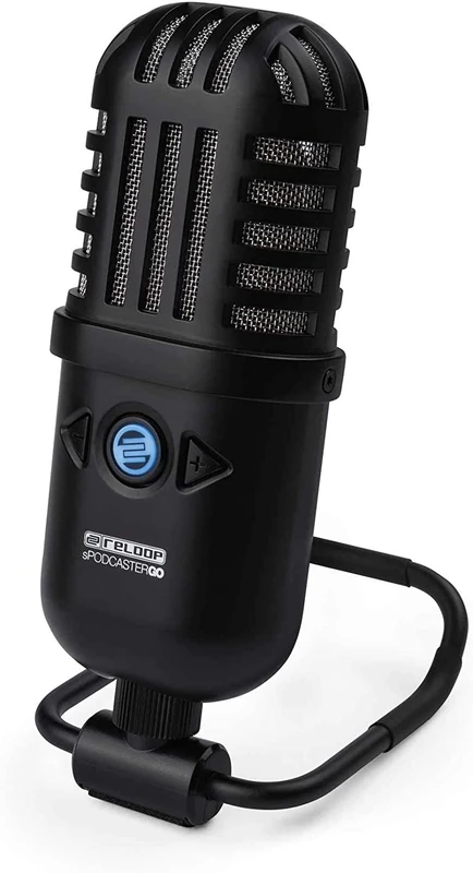 Reloop sPdocaster Go portable condenser microphone with integrated USB audio interface and stand for podcasting and vocal recording