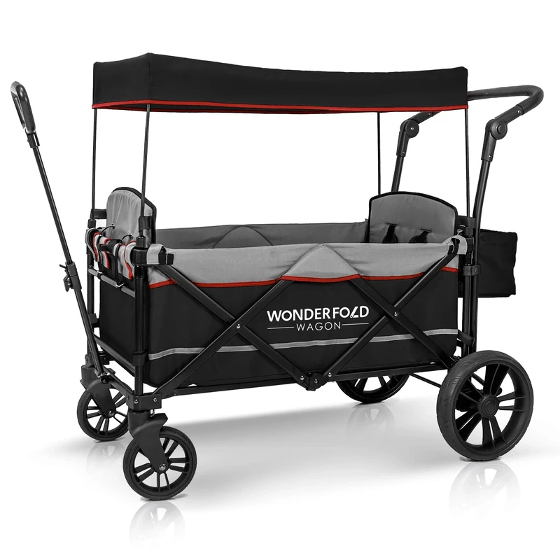 WONDERFOLD X2 2 Passenger Push Pull Twin Double Stroller Wagon with Adjustable Handle Bar, Removable Canopy, Safety Seats with 5-Point Harness (Black)