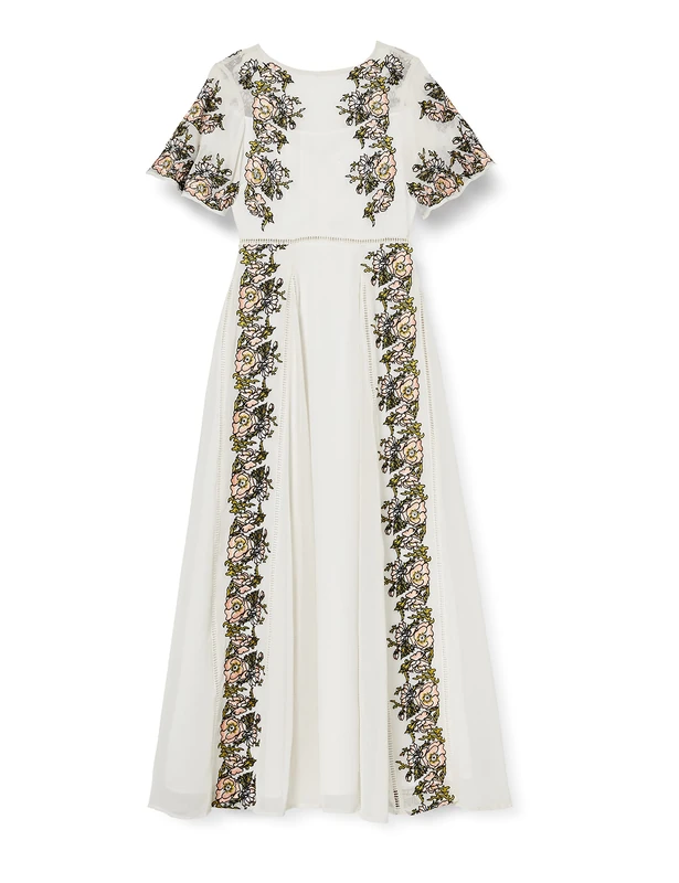 Frock and Frill Women's Joyce Embroidered Slimline Short Sleeve Maxi Party Dress, White (White #FFFFFF), 8 (Size:8)