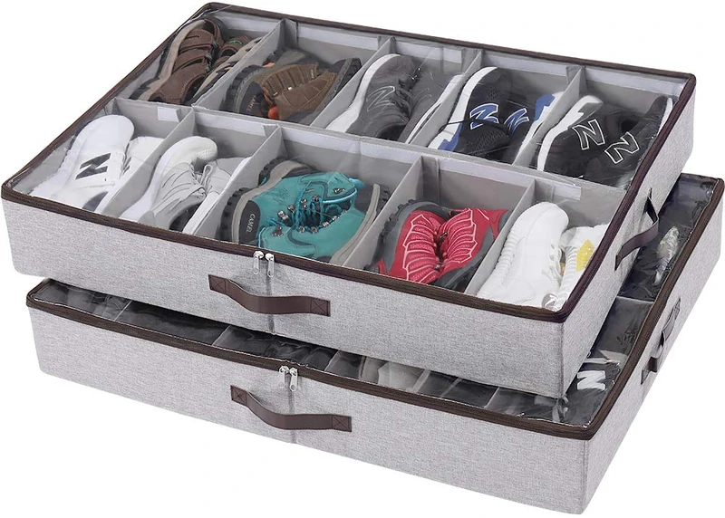 HOONEX Under Bed Shoe Storage Organizer with Adjustable Dividers, Shoe Holder with Leather Handles, 2 Pack, Store 24 Pairs in Total, Grey